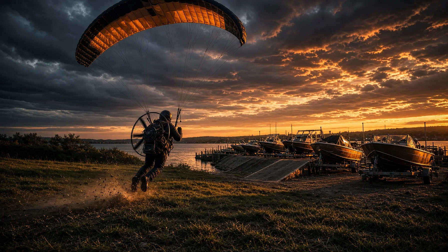 Drone pilot launching from a safe area beside an Alabama boat ramp and marina