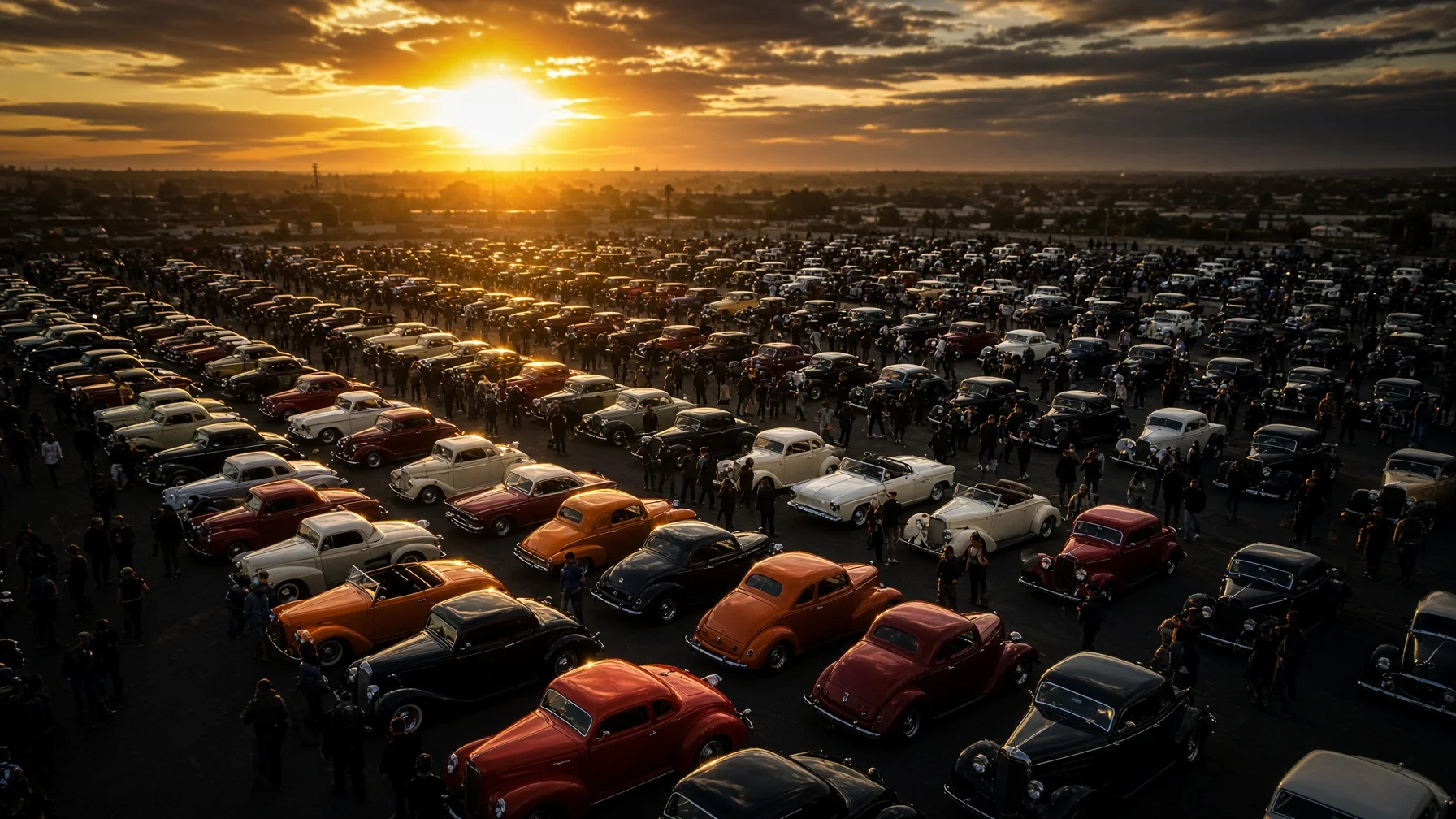 Aerial view of an Alabama car show with rows of parked vehicles and spectators walking between displays