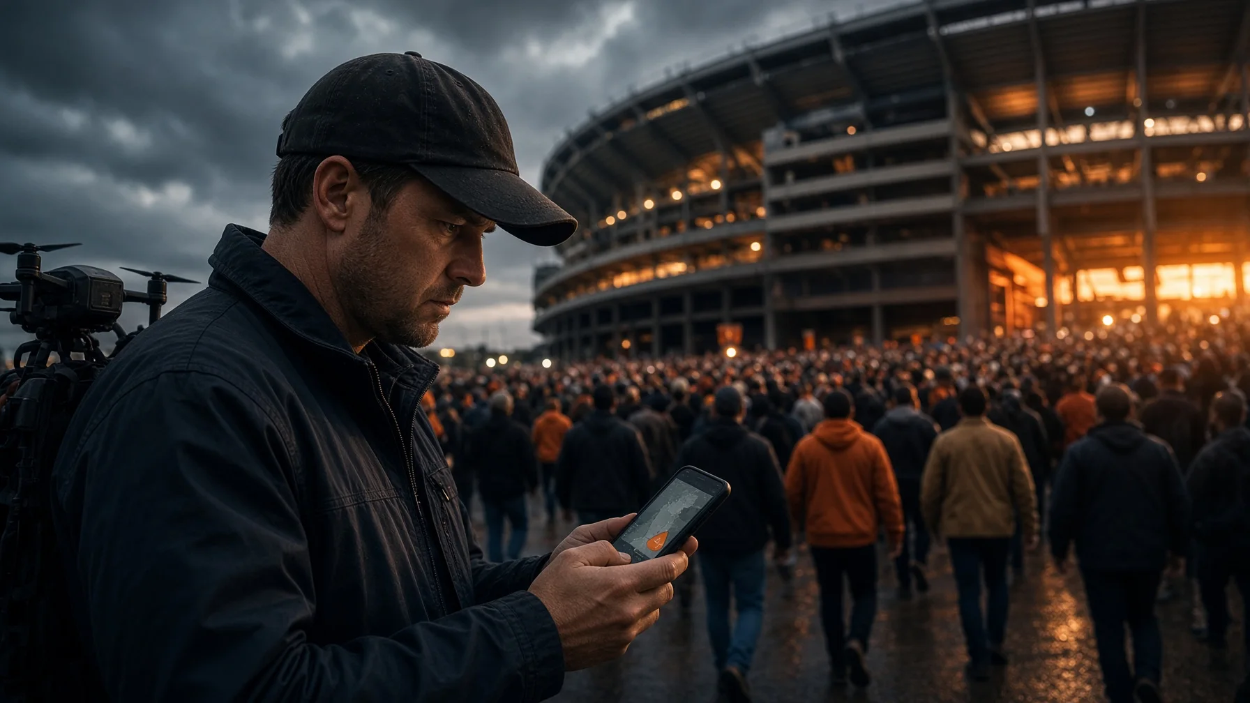Drone pilot checking a stadium temporary flight restriction on a phone before an Alabama college football game.