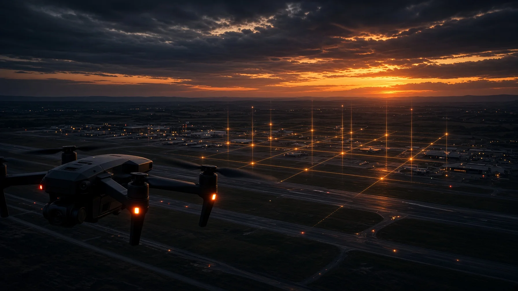 Drone beside an illustrative Alabama airport airspace grid representing LAANC authorization