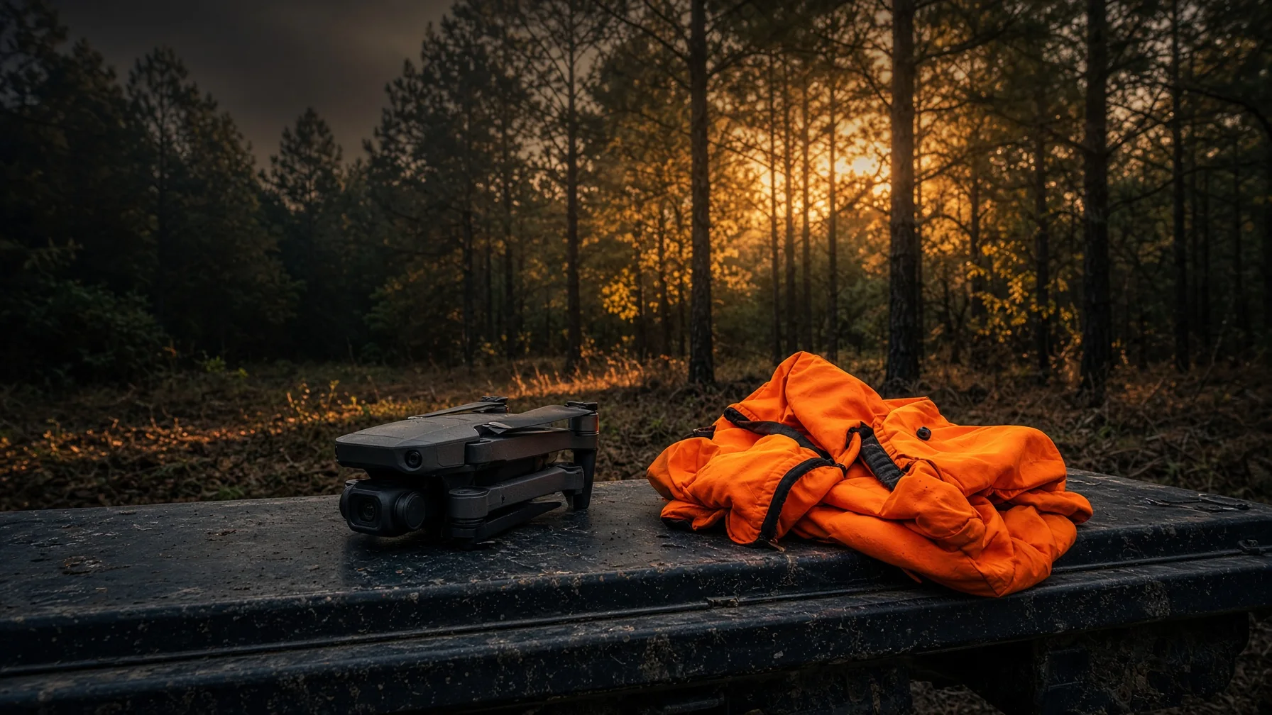 Folded camera drone on a truck tailgate at an Alabama hunting property