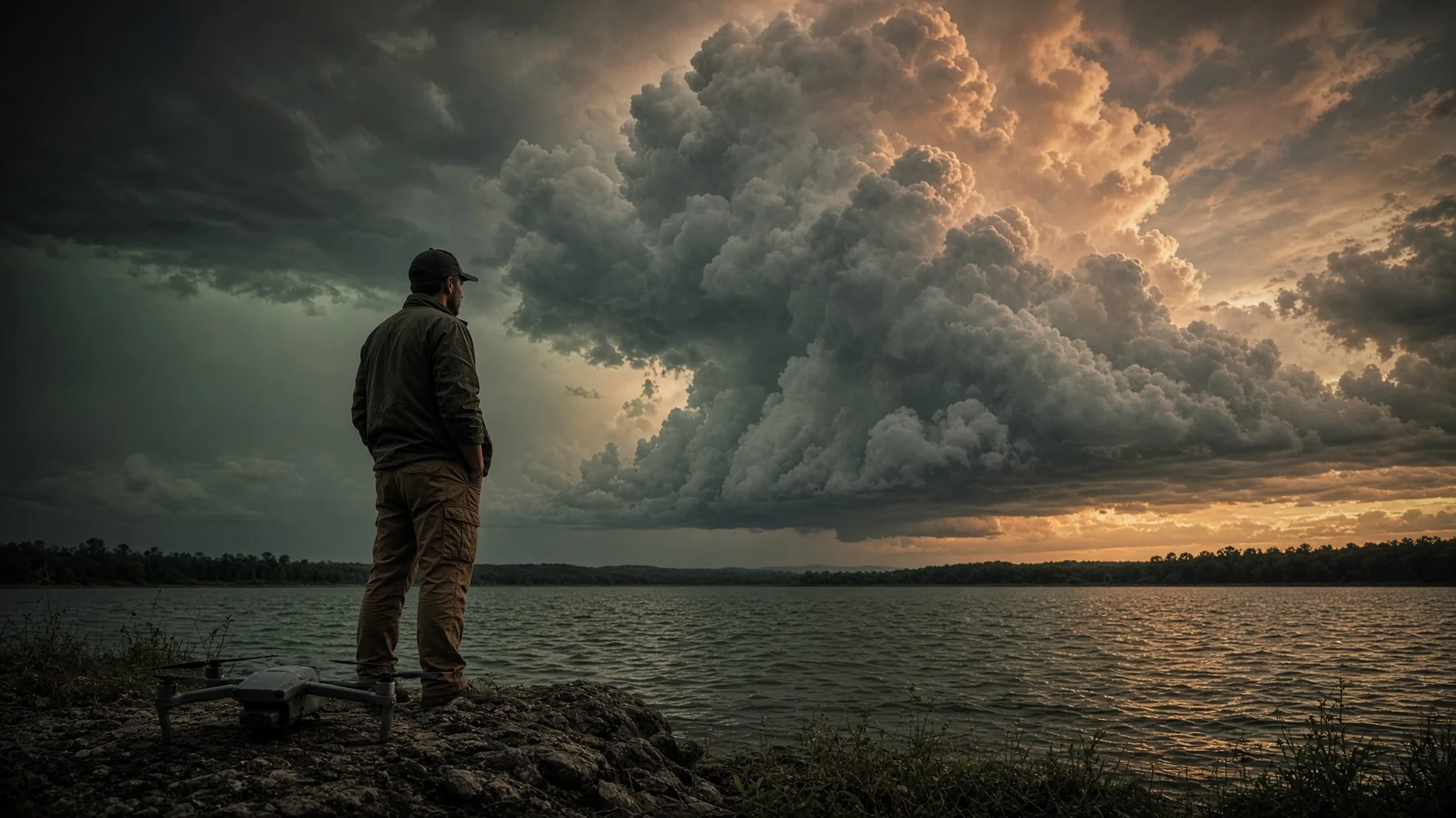 Drone pilot monitoring an approaching summer thunderstorm beside an Alabama lake