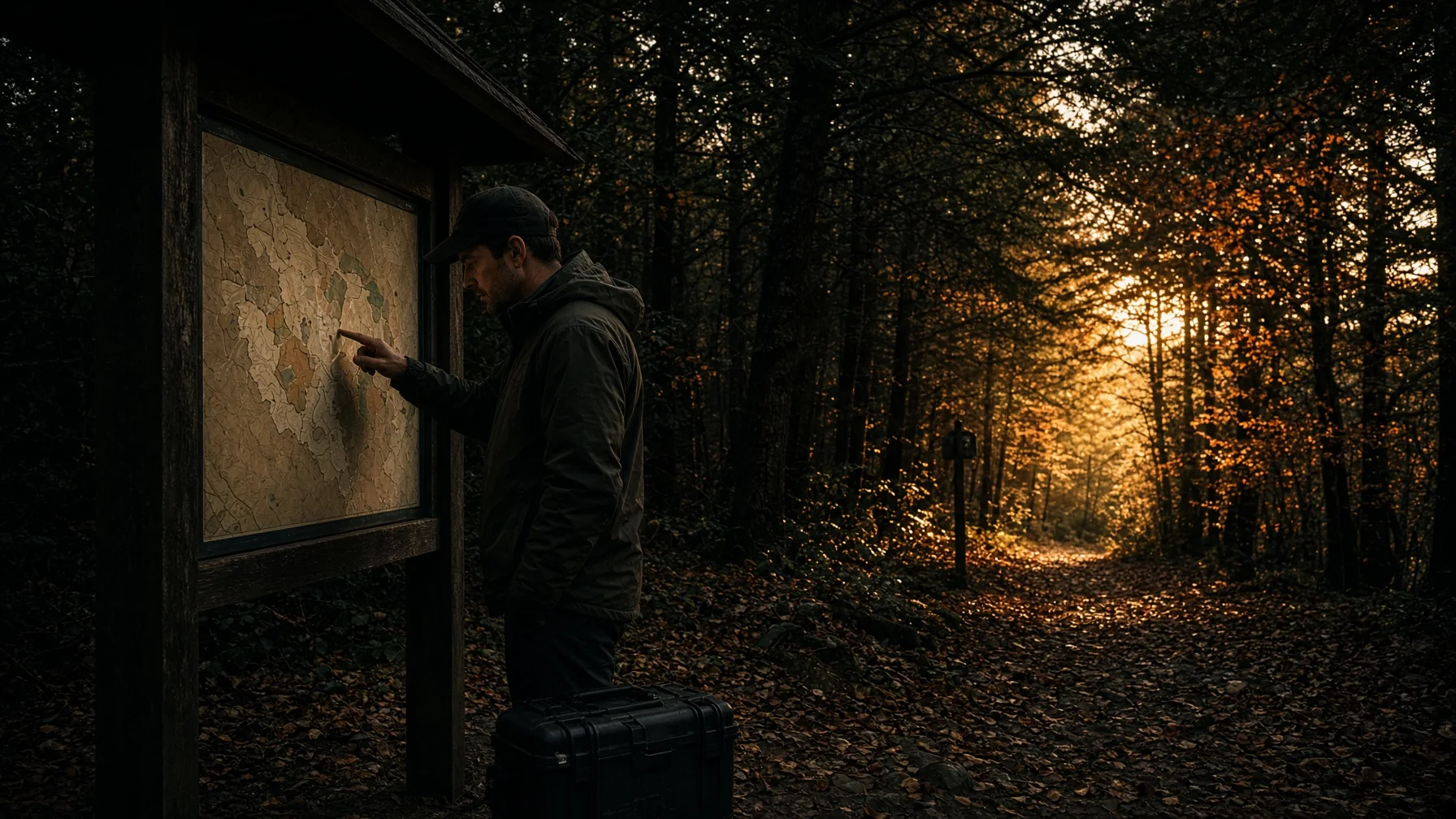 Alabama drone pilot reviewing a property map and airspace information before launching near a wooded public recreation area.