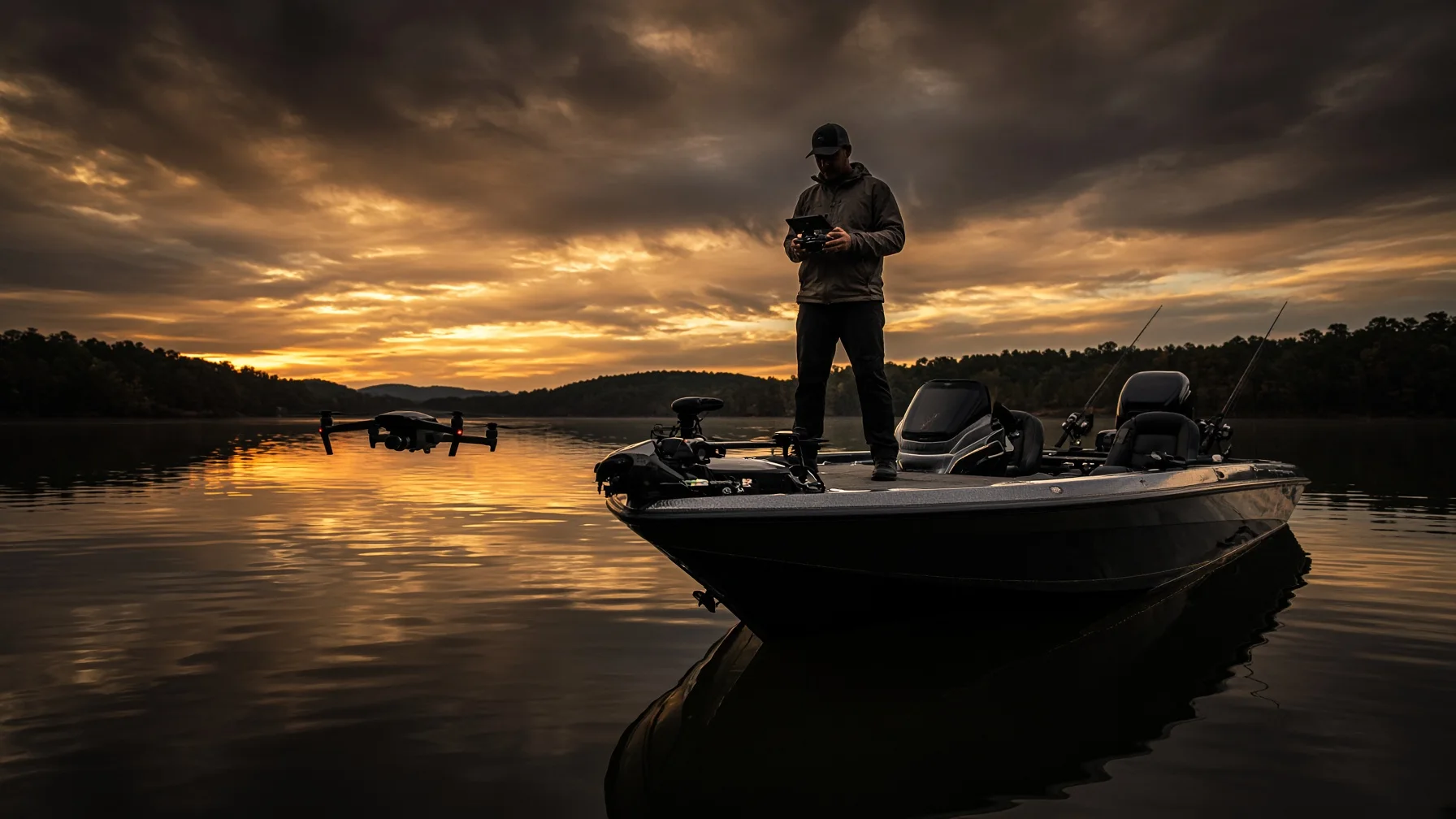 Camera drone hovering near a stationary fishing boat on an Alabama lake