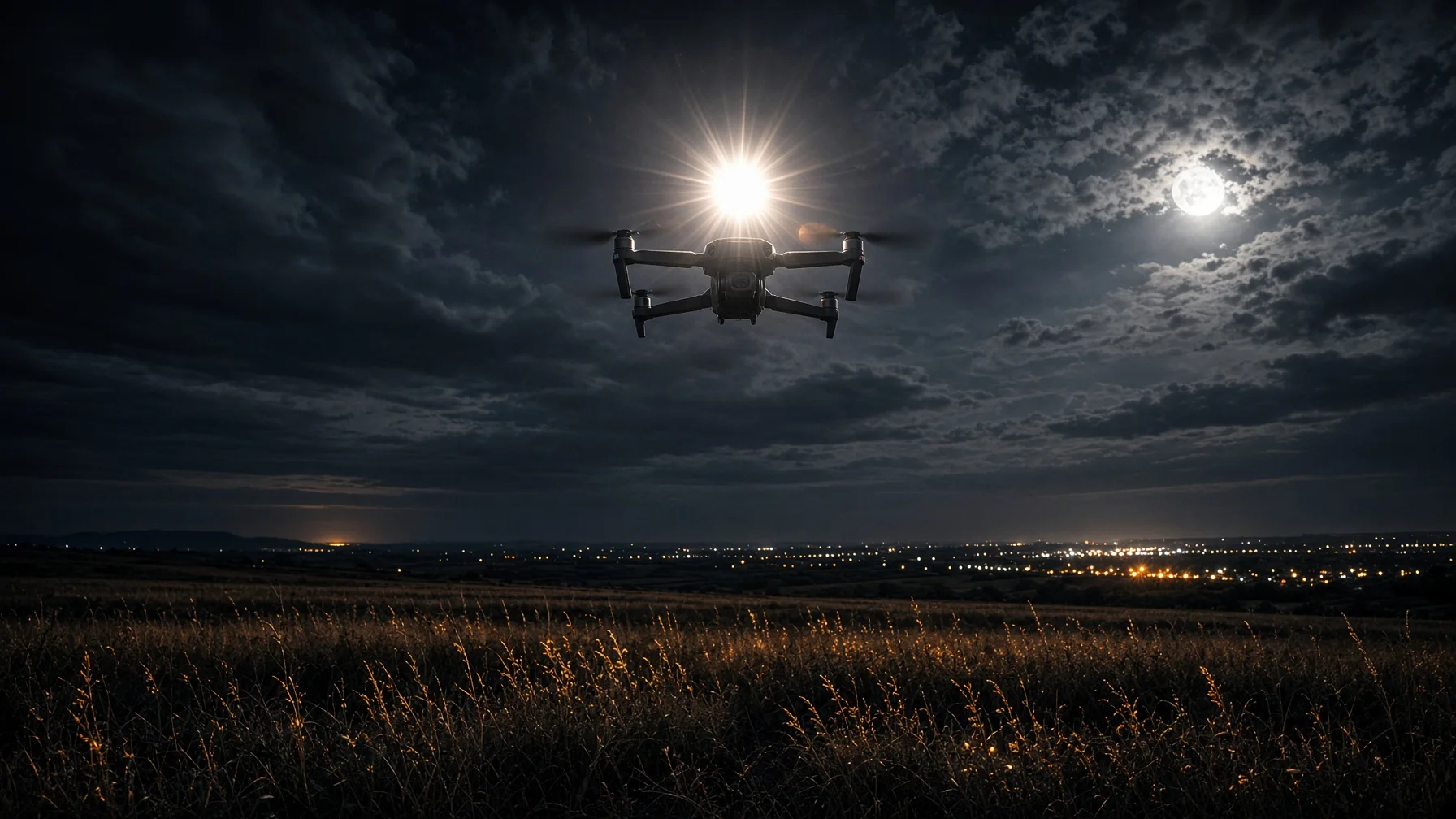 Drone with an anti-collision strobe flying at night over an open Alabama landscape