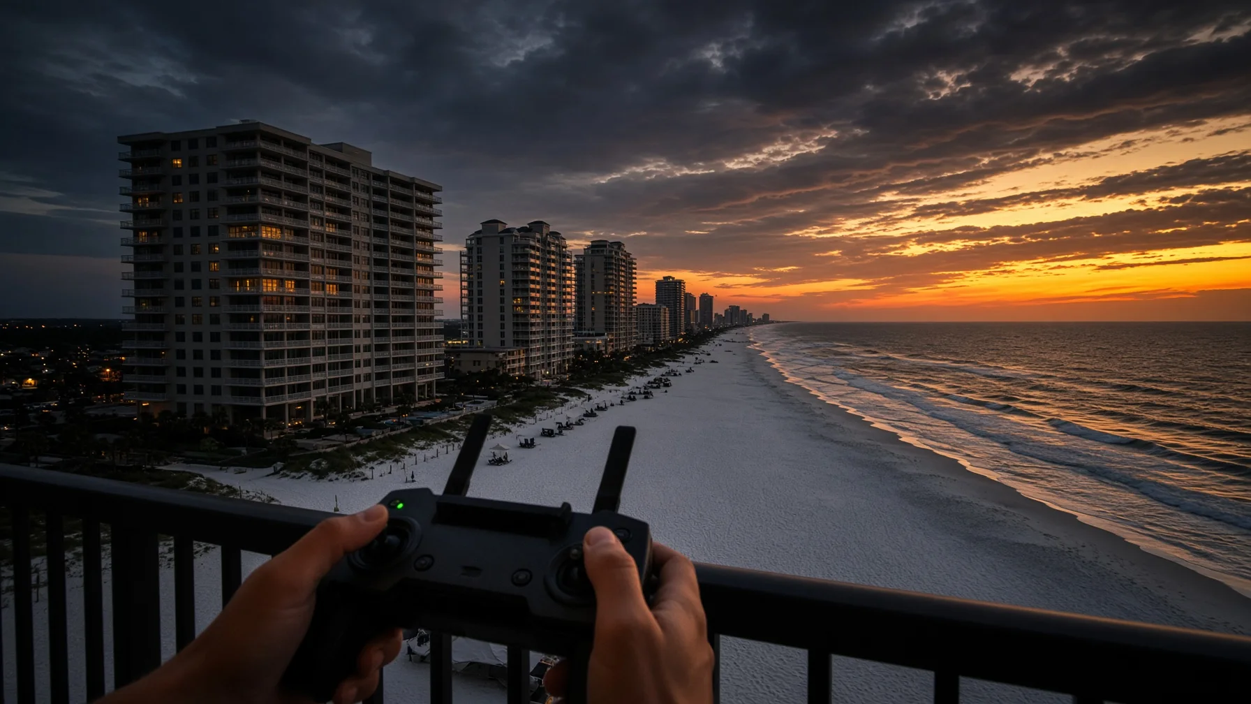 Drone controller overlooking Orange Beach from a permitted private property launch area