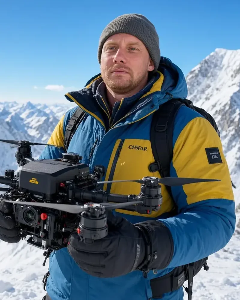 Robby Rahm, pilot in command and FAA Part 107 drone pilot, the Alabama Drone Dude, holding an industrial quadcopter on a snowy summit